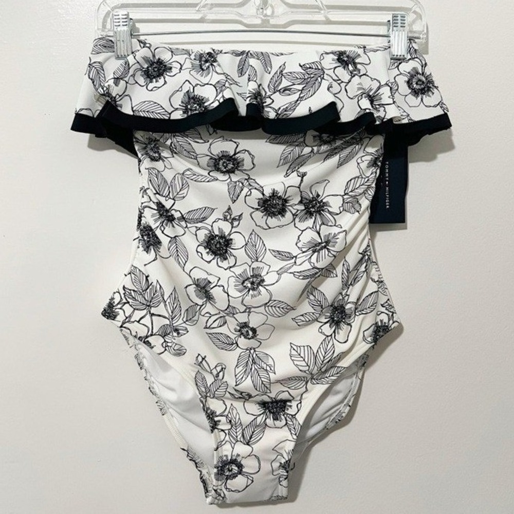 Tommy‎ Hilfiger Women Floral Bandeau One Piece Swimsuit White Black Size 4 NWT